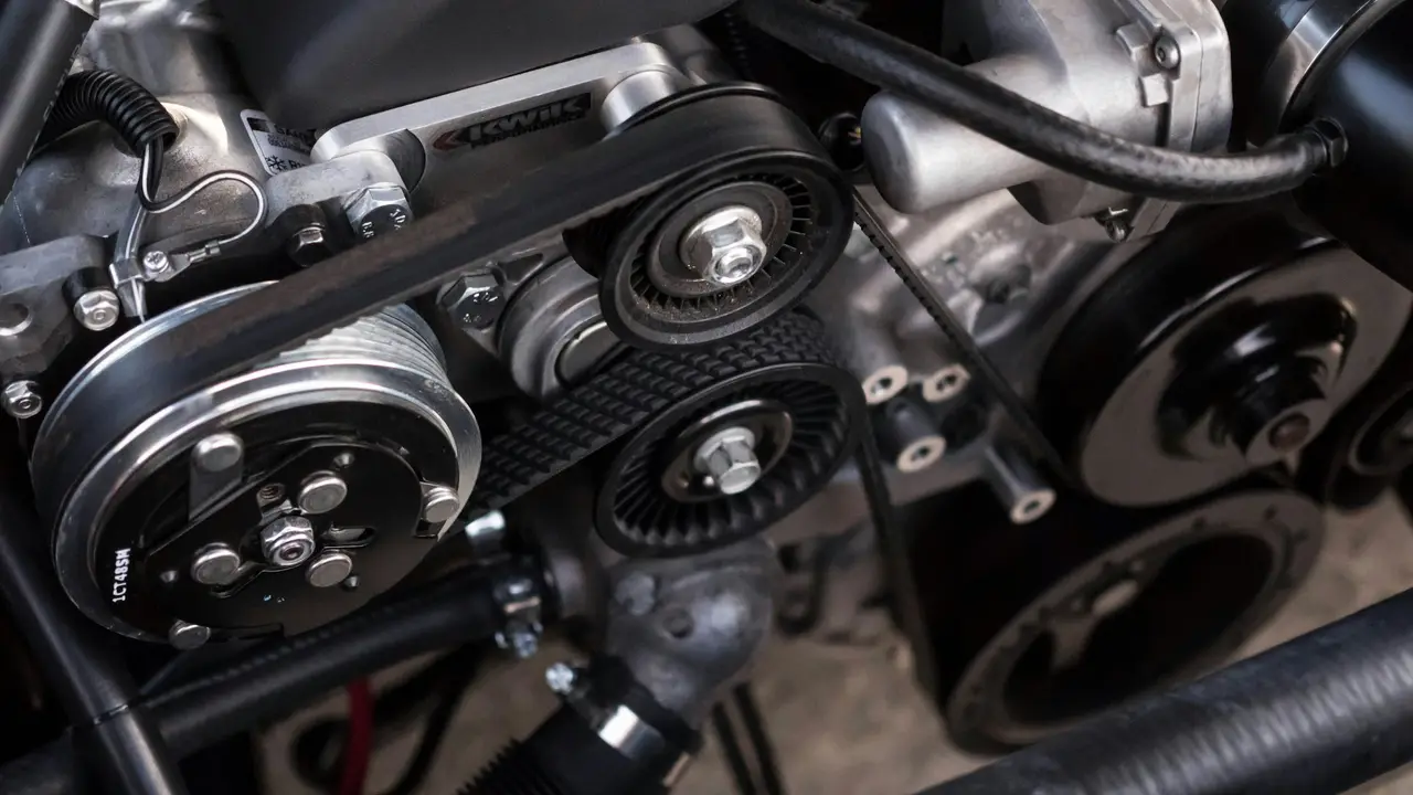 Detailaufnahme eines Motors mit Riementrieb